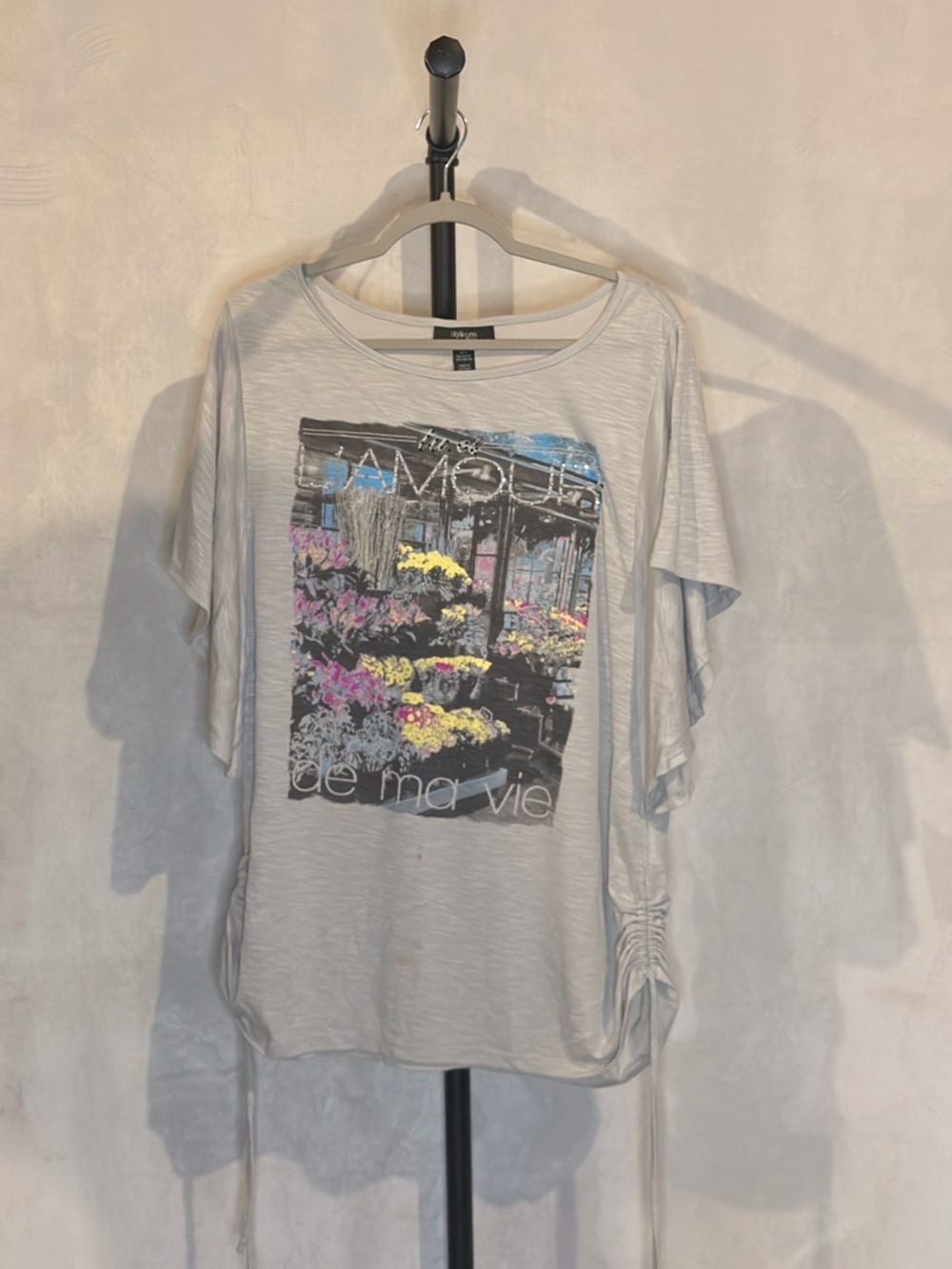 Style & Co. Ruched Graphic Tee L’AMOUR Floral Print Size 2X